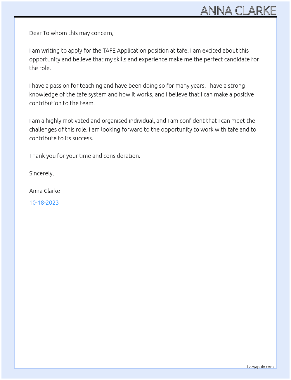 TAFE Application At tafe Cover Letter