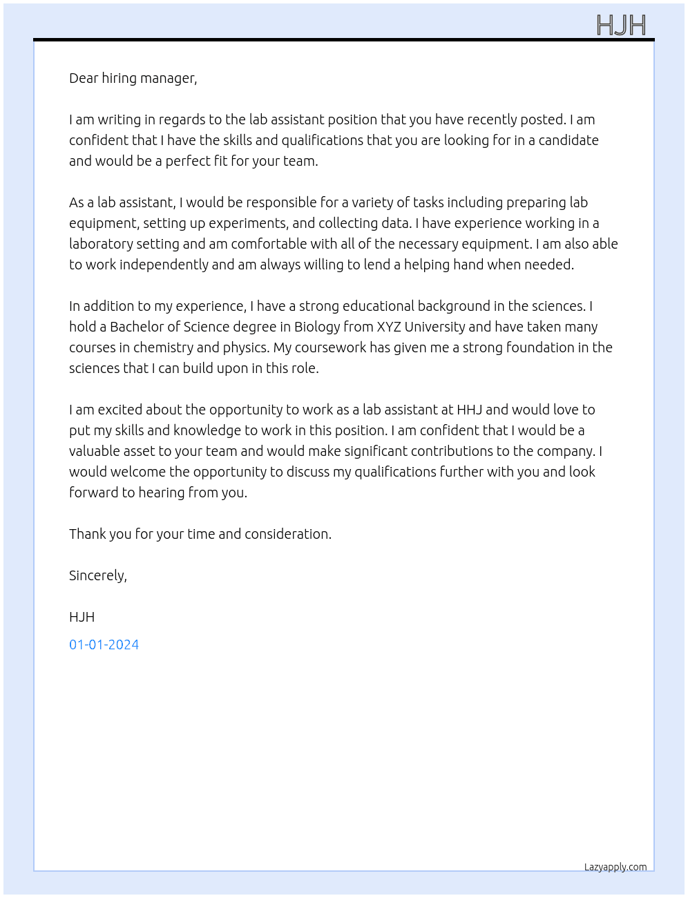 lab assistant  At hhj  Cover Letter