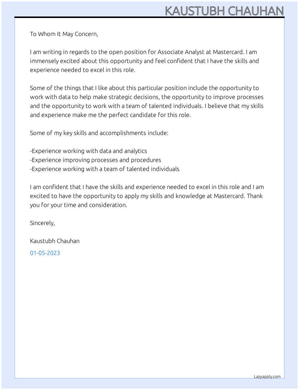 Associate Analyst  At Mastercard Cover Letter
