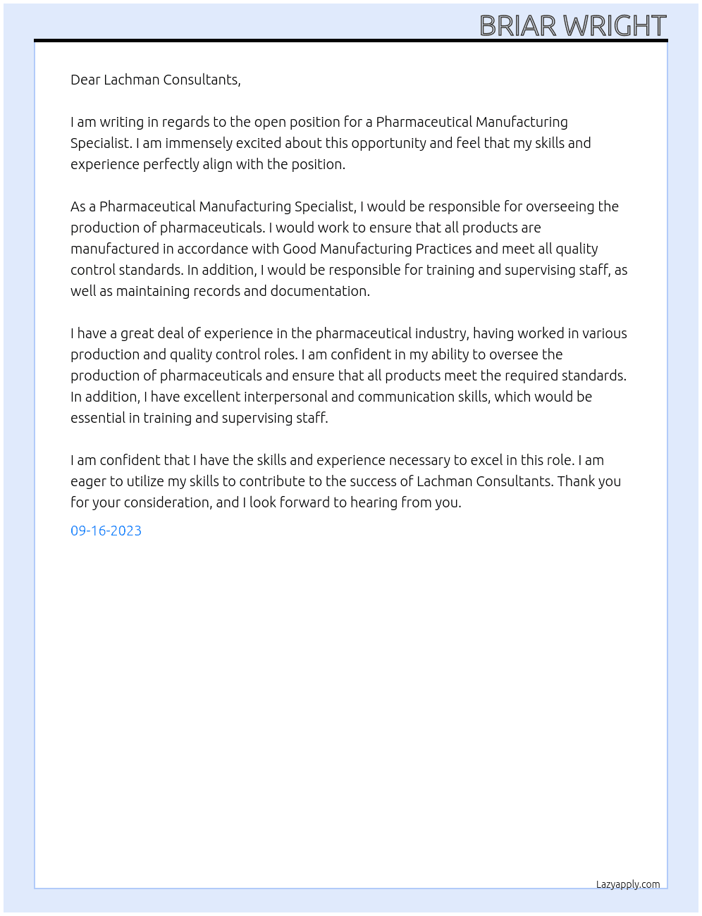 Pharmaceutical Manufacturing Specialist At Lachman Consultants Cover Letter