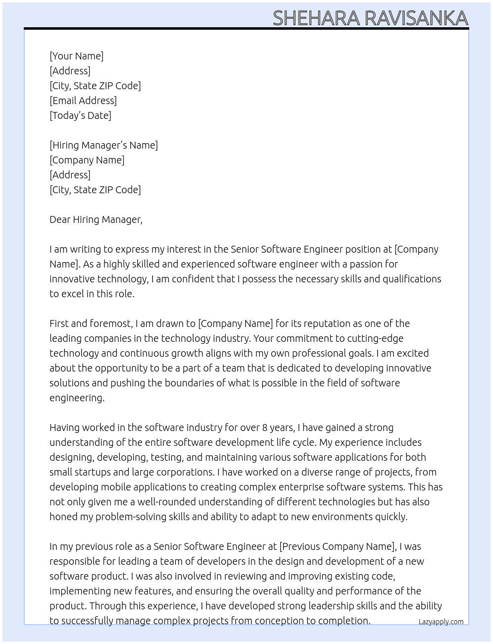 Senior Software Engineer At comppany Cover Letter