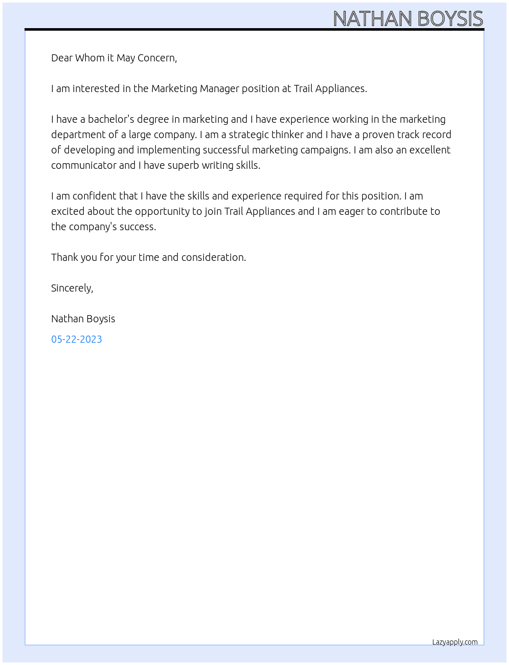 Marketing Manager At Trail Appliances Cover Letter