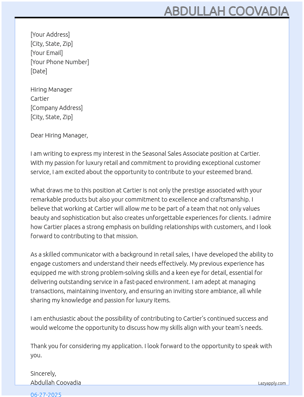 Seasonal Sales Associate At Cartier Cover Letter
