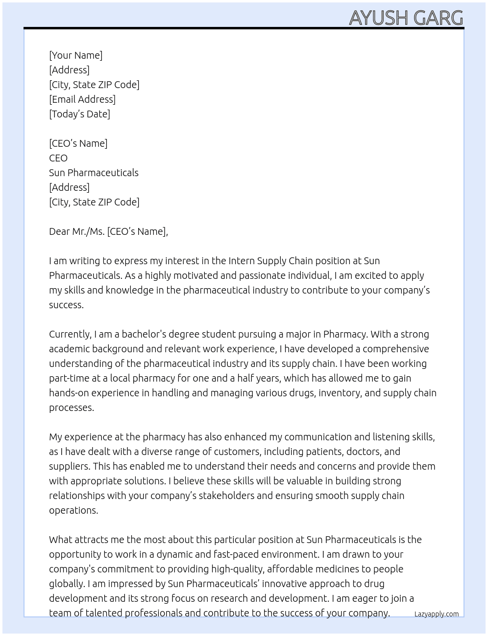 Intern Supply chain At Sun Pharmaceuticalaceuticals  Cover Letter