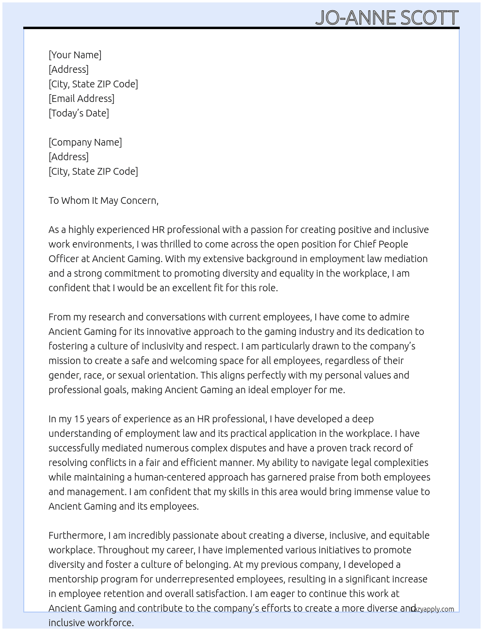 Chief People Officer  At Ancient Gaming  Cover Letter