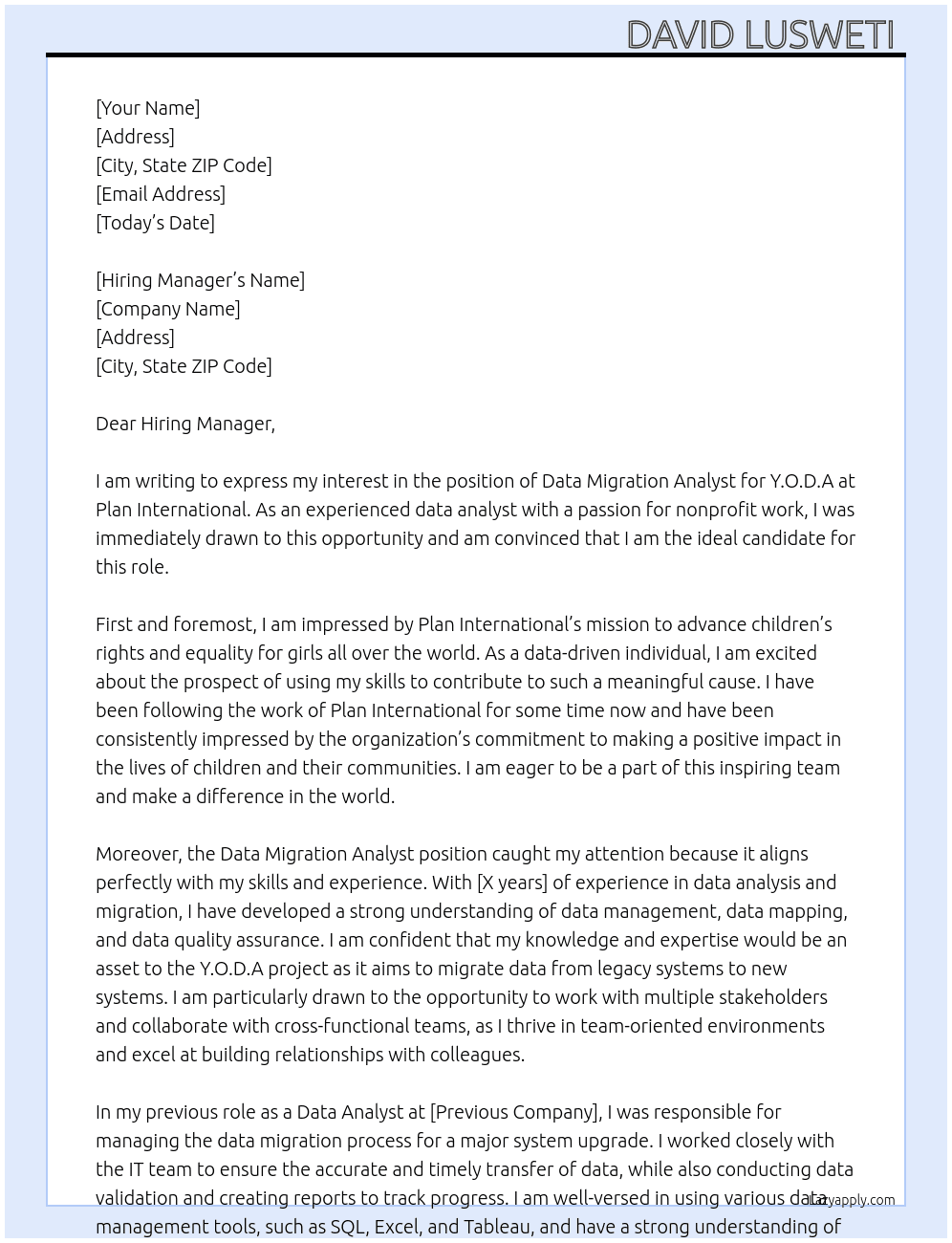 Data Migration Analyst - Y.O.D.A At Plan Internation  Cover Letter