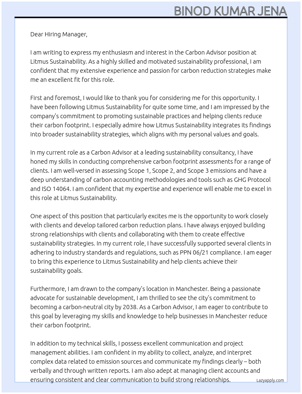 Carbon advisor At Litmus sustainability Cover Letter