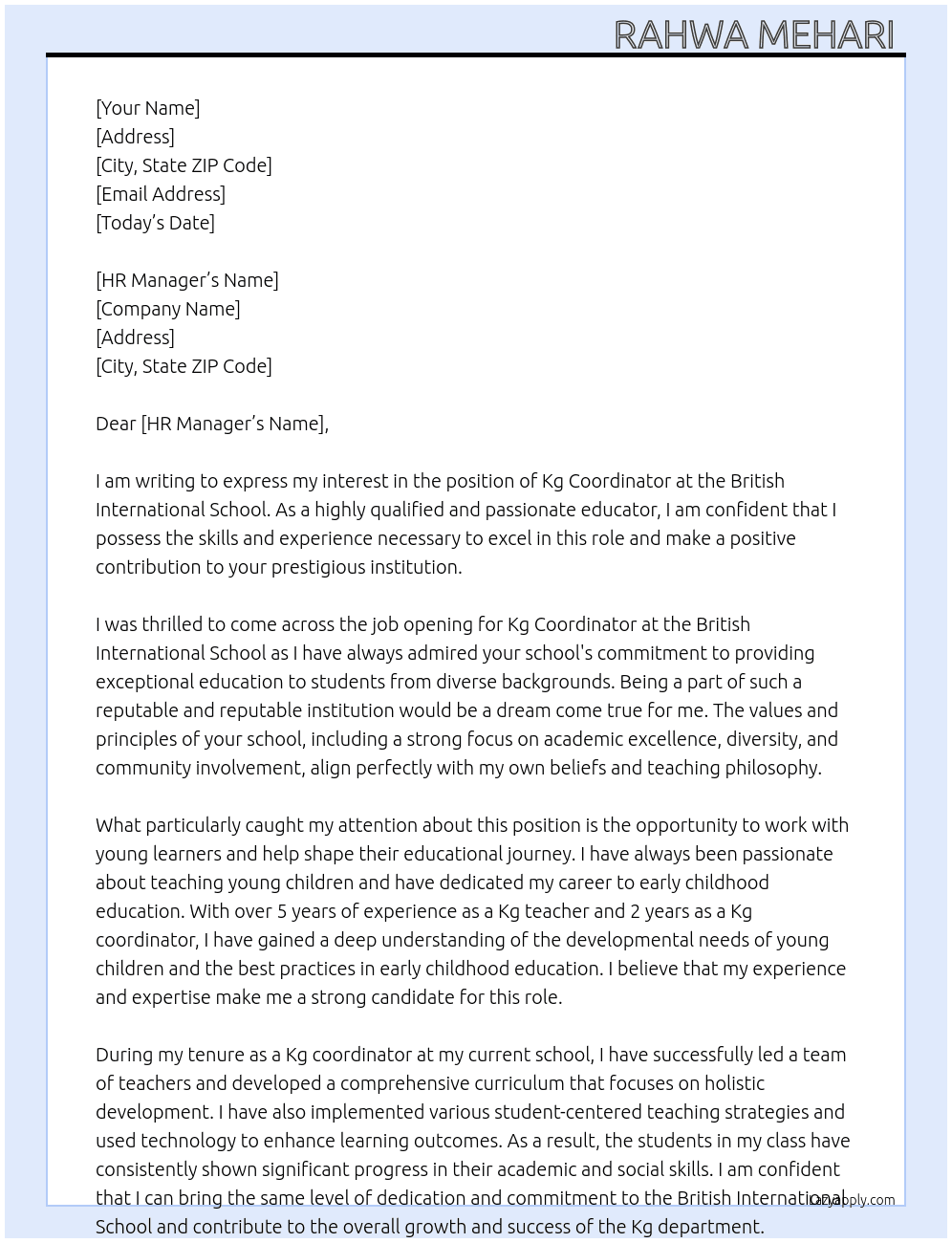 Kg coordinator  At British international school  Cover Letter
