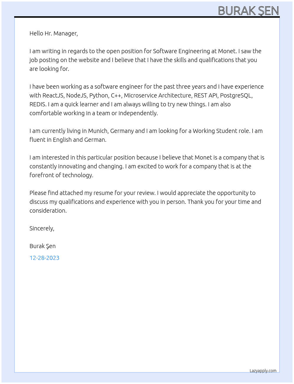 Software Engineering At Monet Cover Letter