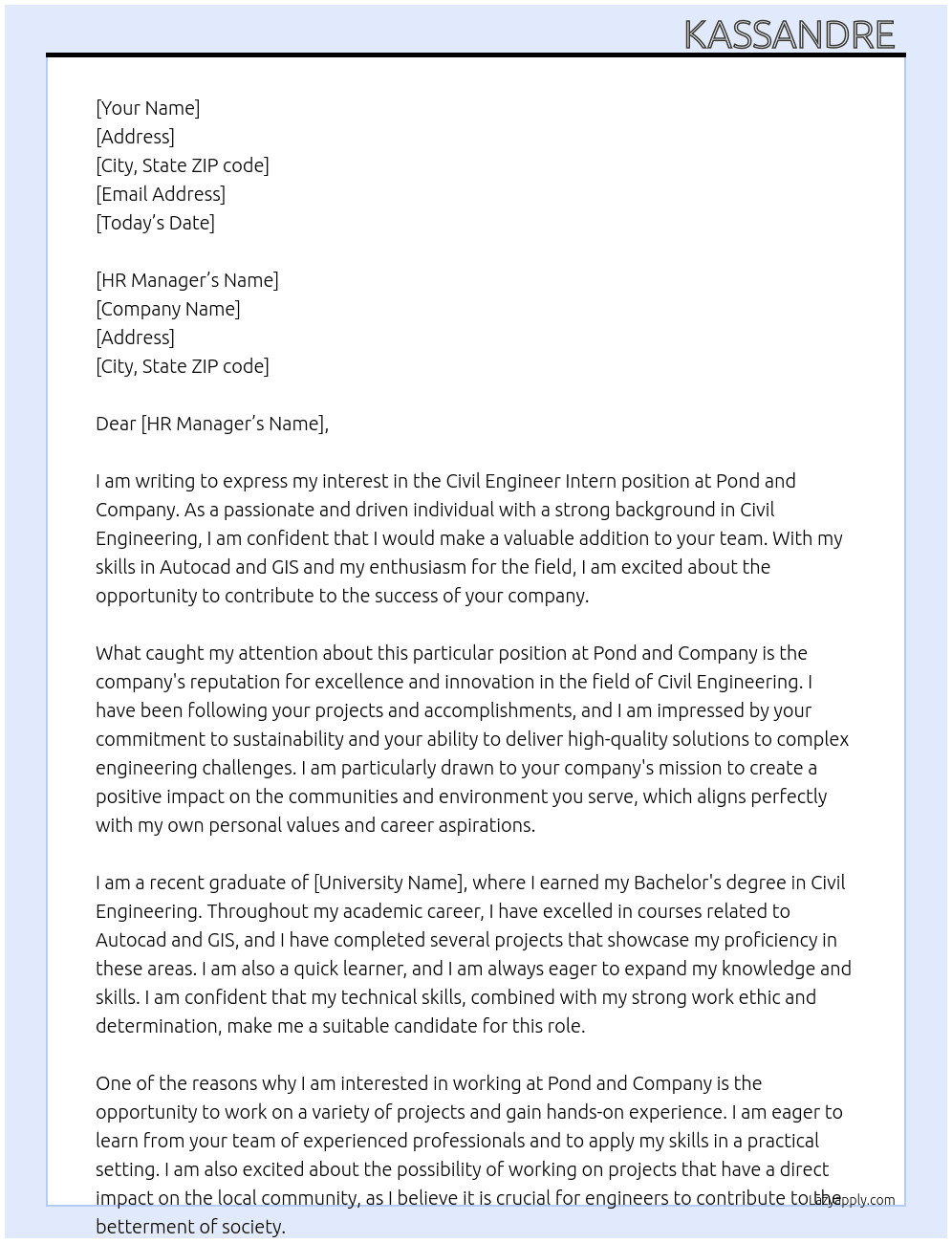 civil engineer intern At pond and company Cover Letter