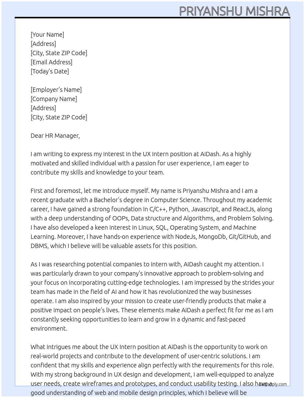 UX - Intern At AiDash Cover Letter