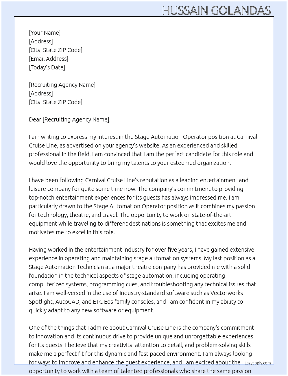 Stage Automation operator  At Carnival cruise line  Cover Letter