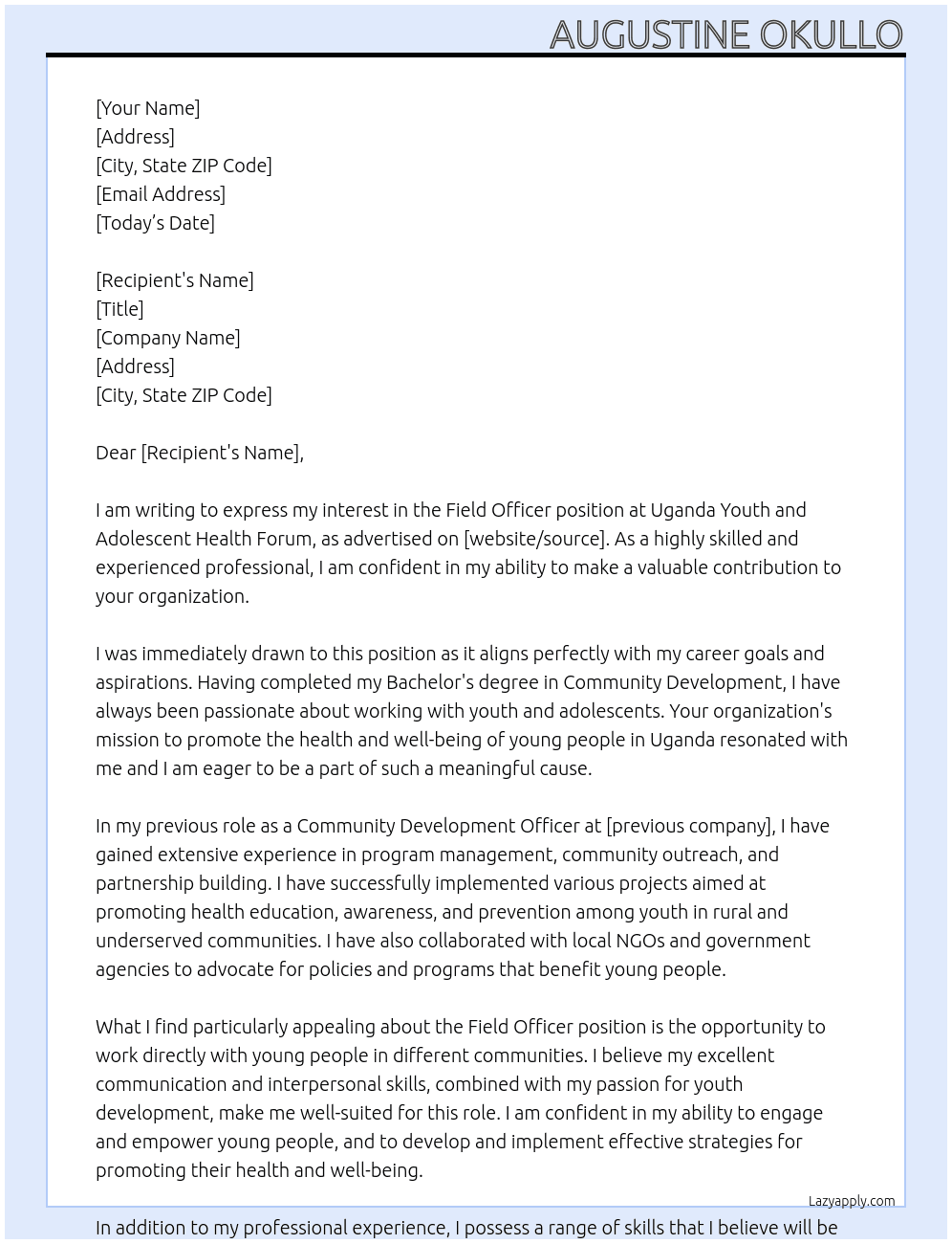 Field Officer At Uganda Youth and Adolescent Health Forum Cover Letter
