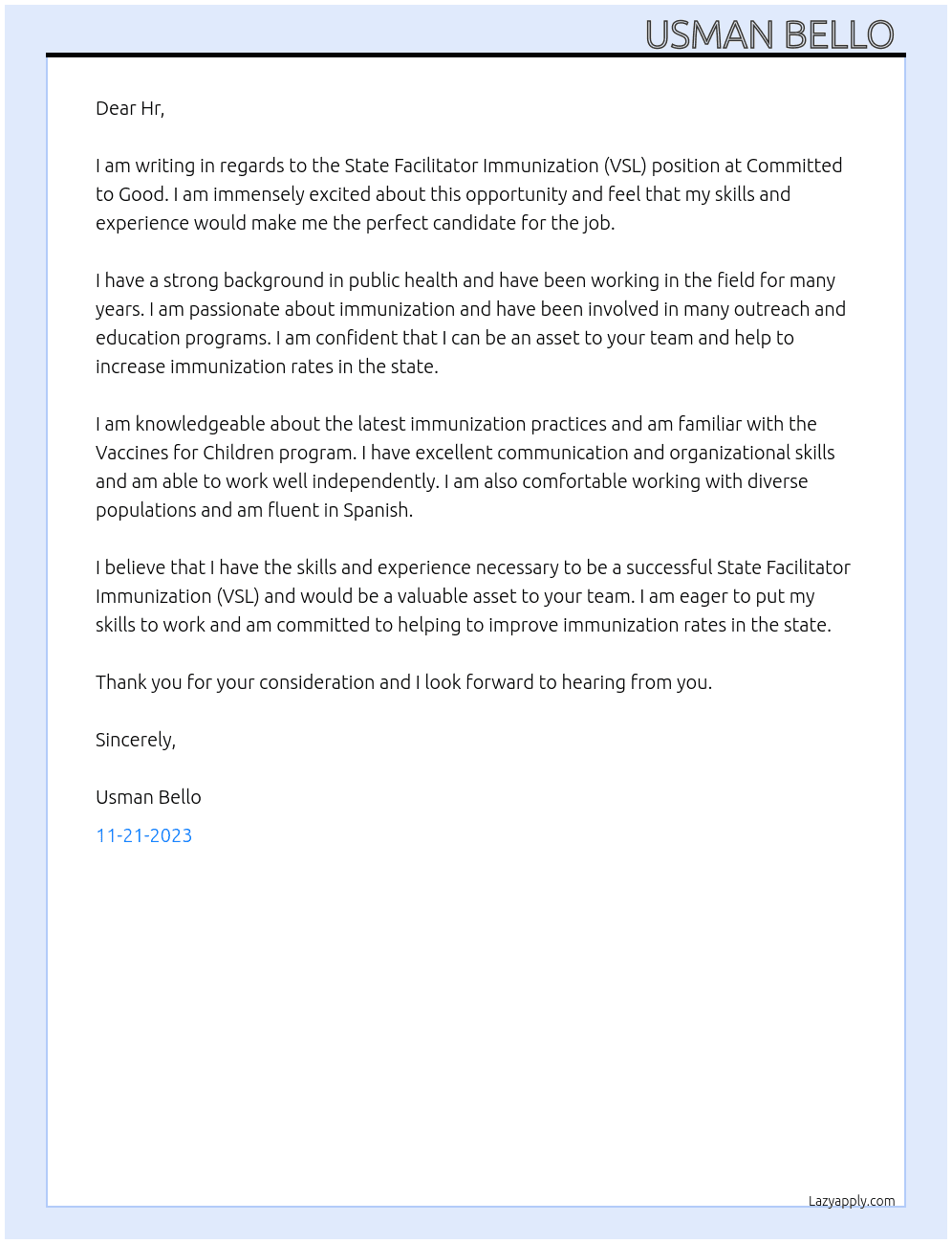 State Facilitator Immunization (VSL) At Committed to Good  Cover Letter