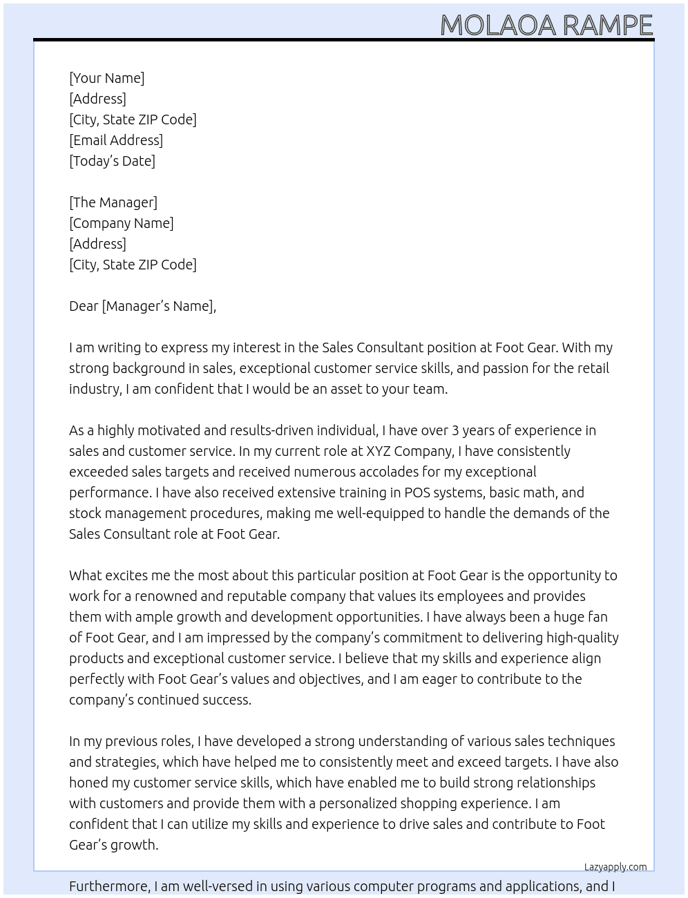 Sales Consultant  At Foot Gear  Cover Letter