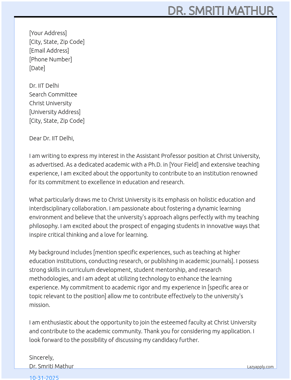 Assistant professor  At Christ University  Cover Letter