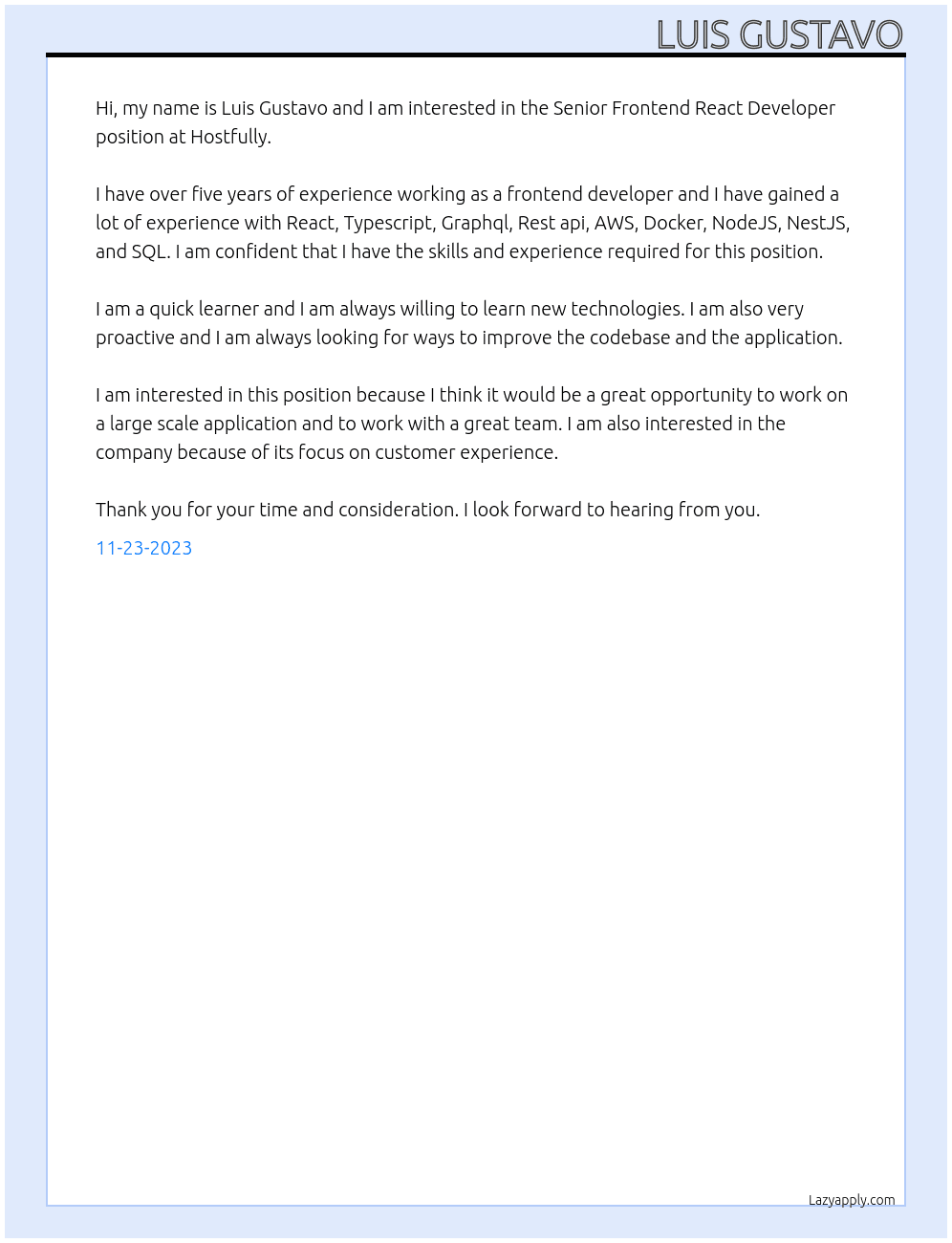 Senior Frontend React Developer At Hostfully Cover Letter