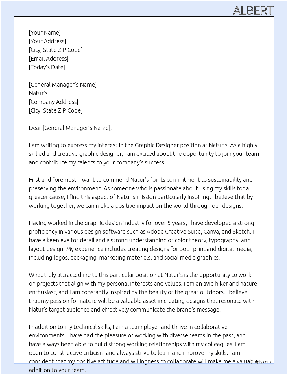 Graphic Designer At Natur's Cover Letter