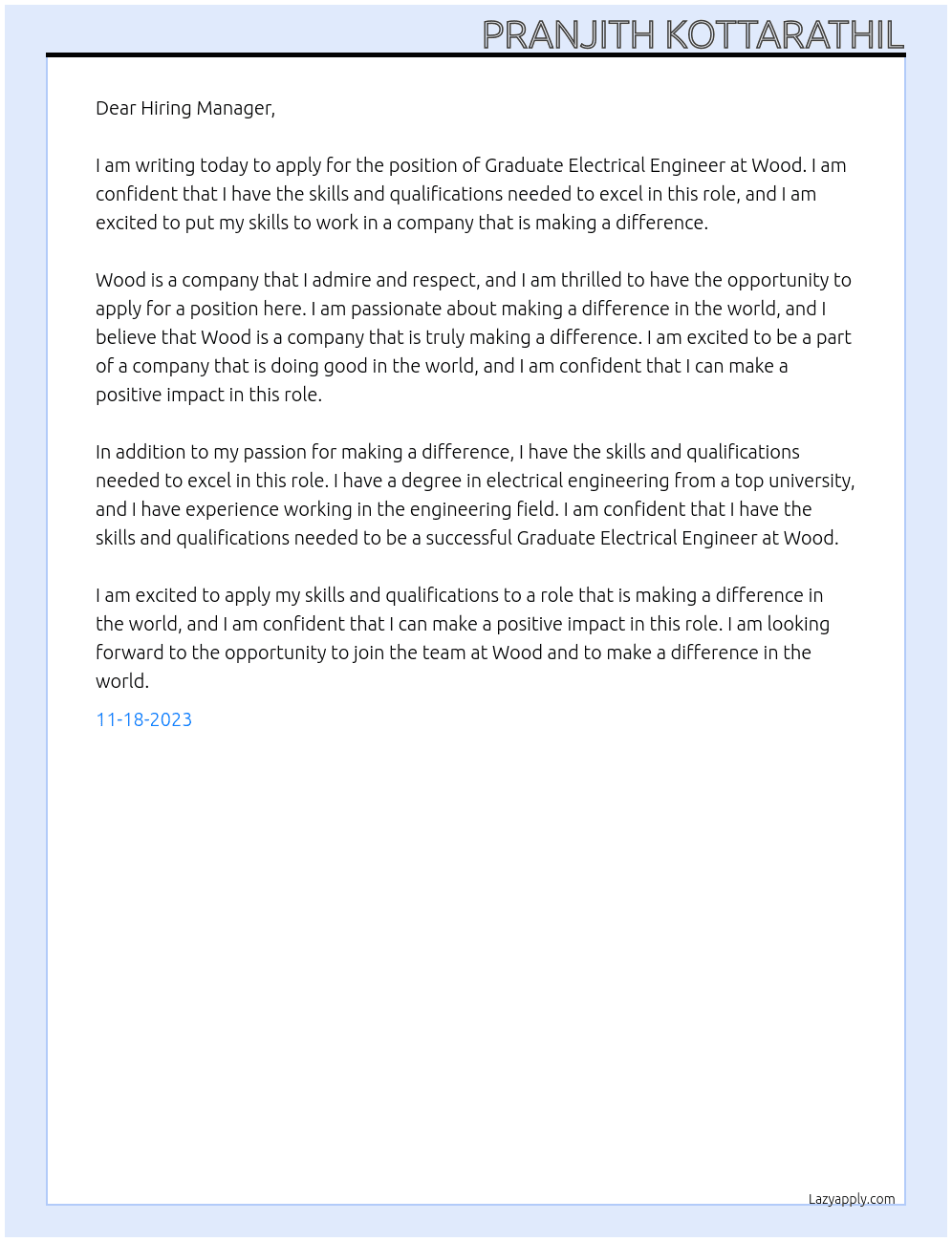 Graduate Electrical Engineer At Wood Cover Letter