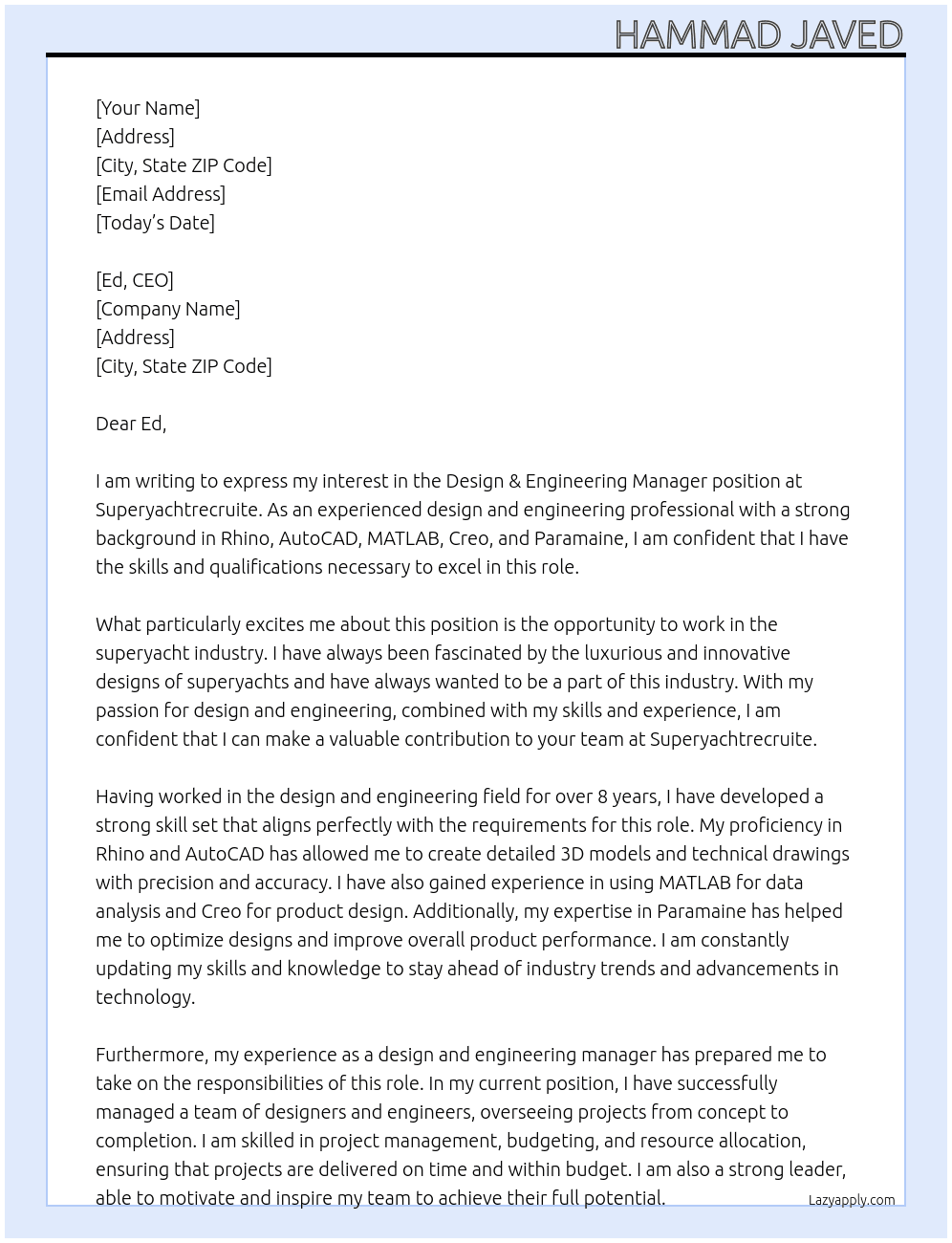 Design & Engineering Manager At superyachtrecruite Cover Letter