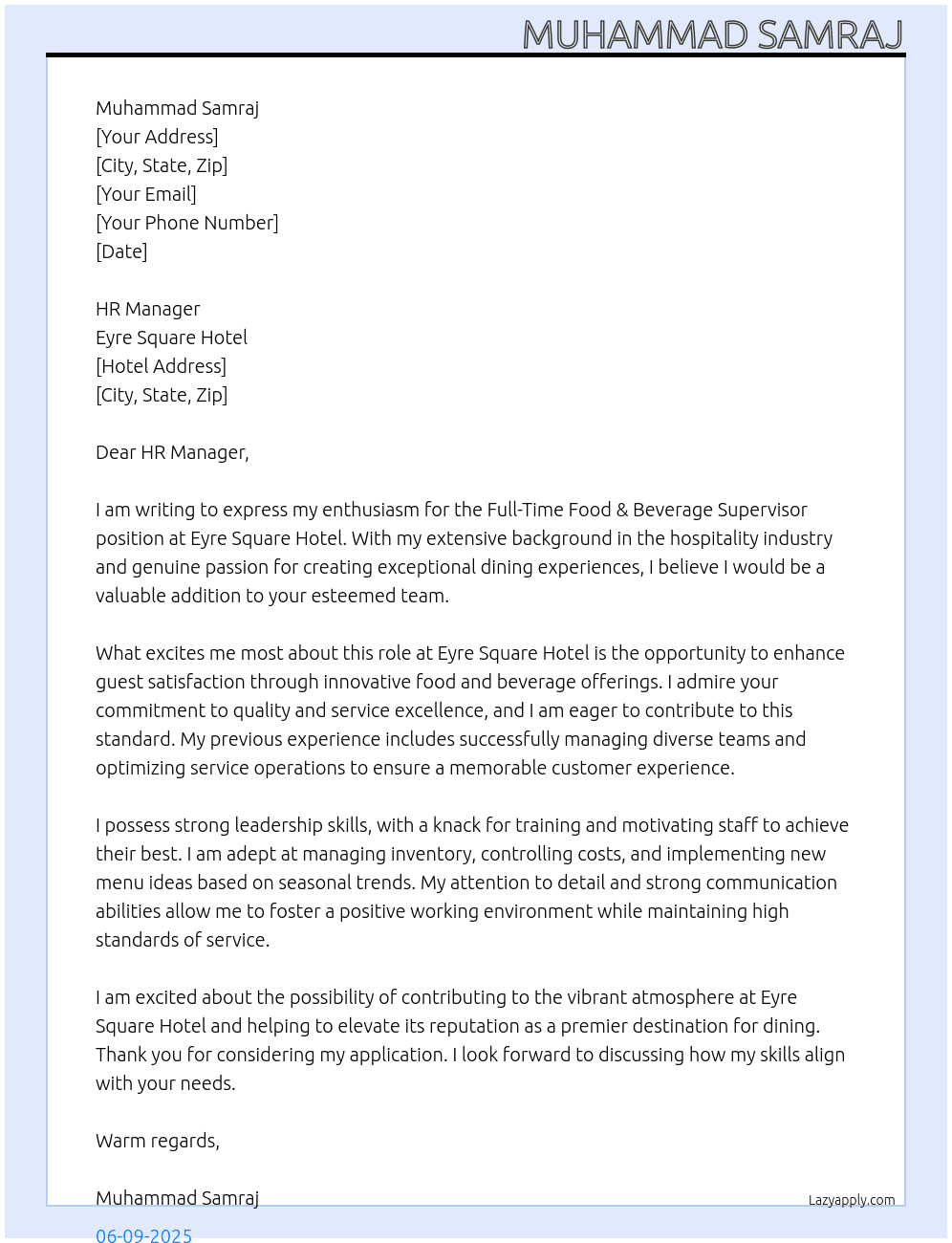 Cover letter for full time food & beverage supervisor - LazyApply