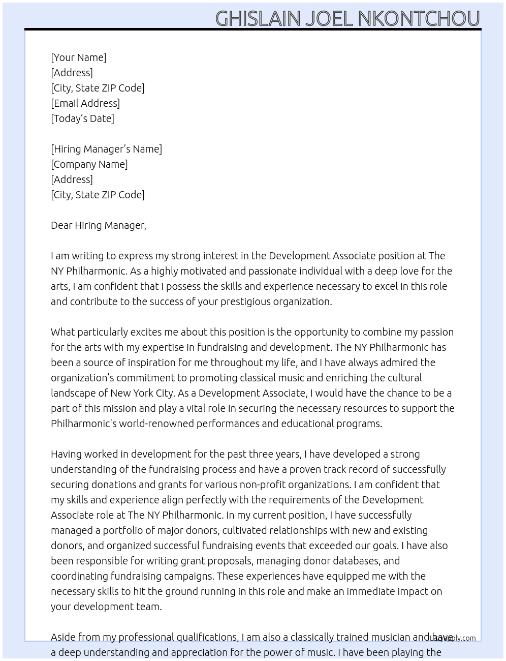 Development Associate At The NY Philharmonic seeks Cover Letter