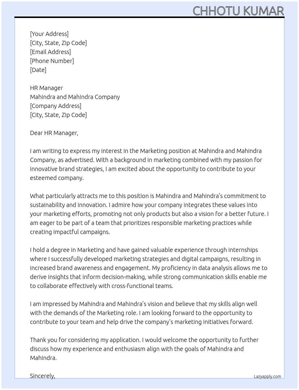 Marketing At Mahindra and mahindra company Cover Letter