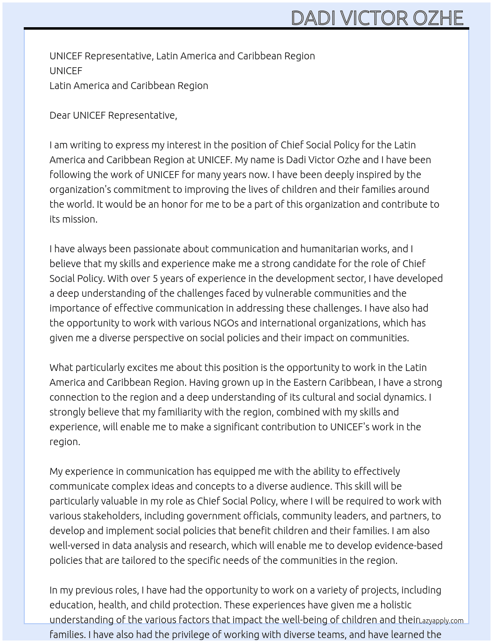 Chief Social Policy  At UNICEF  Cover Letter