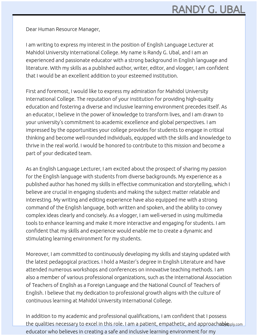 English Language Lecturer At Mahidol University International College Cover Letter