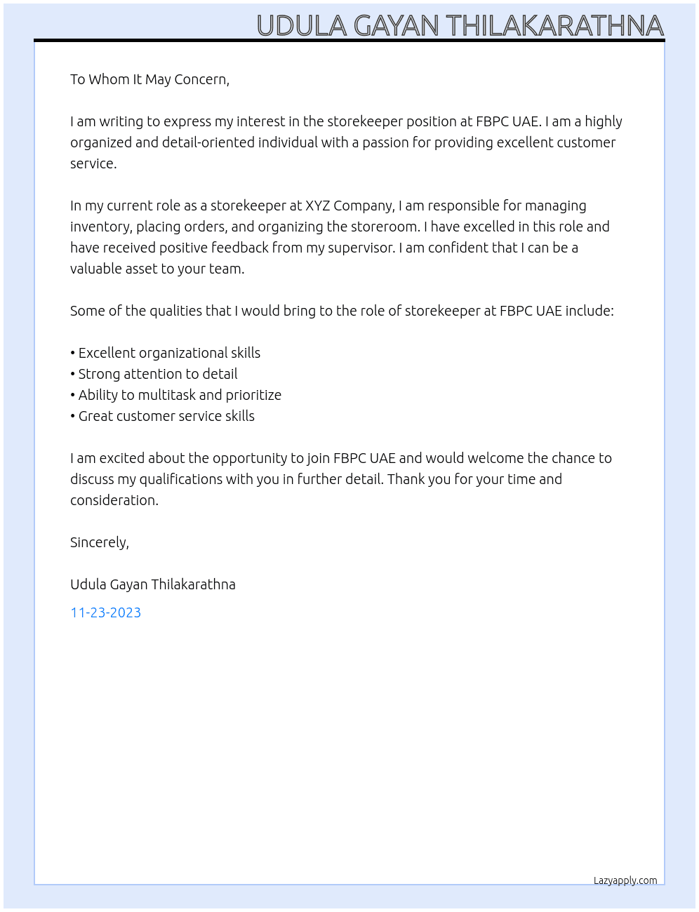 storekeeper At FBPC UAE  Cover Letter