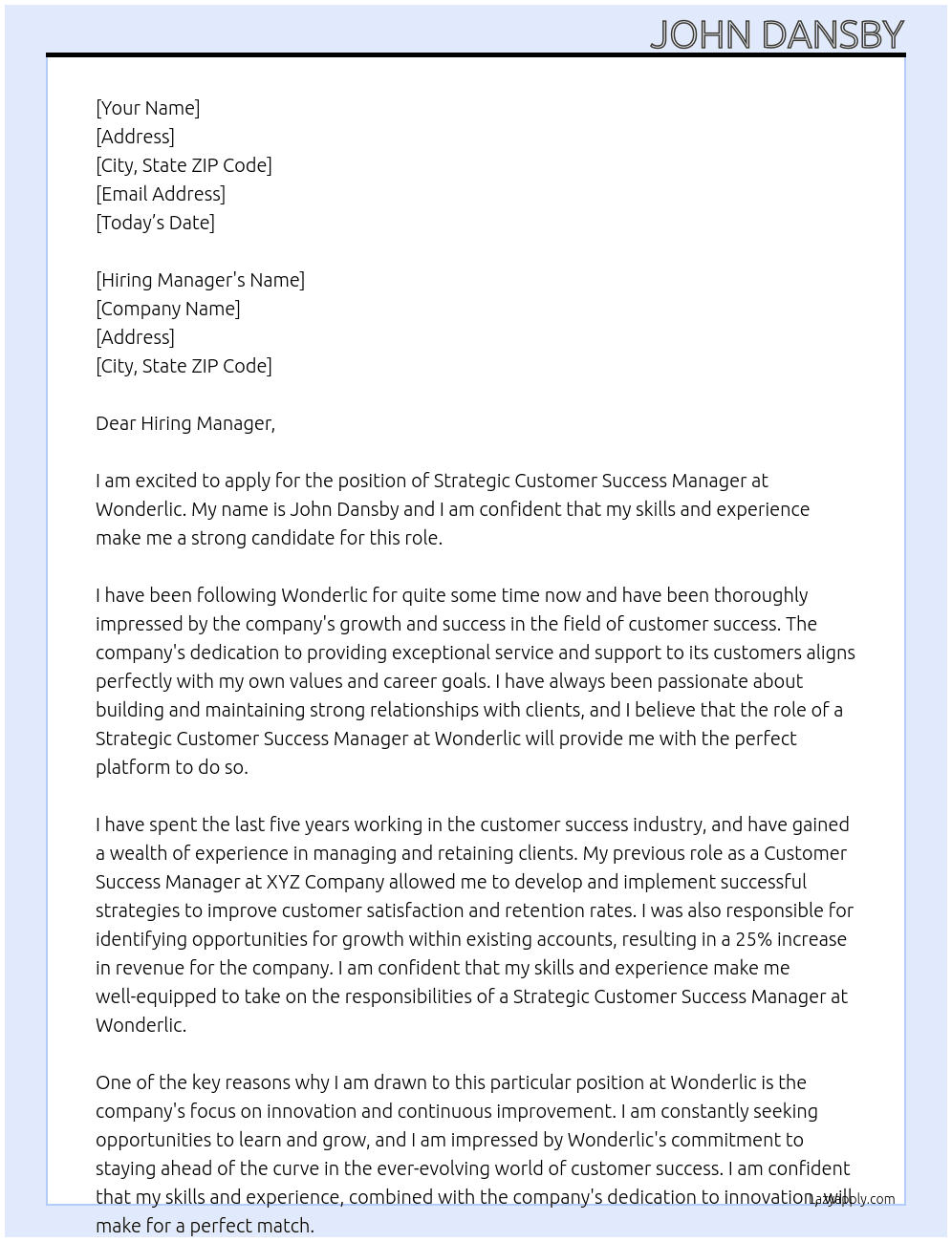 Strategic Customer Success Manager At Wonderlic Cover Letter