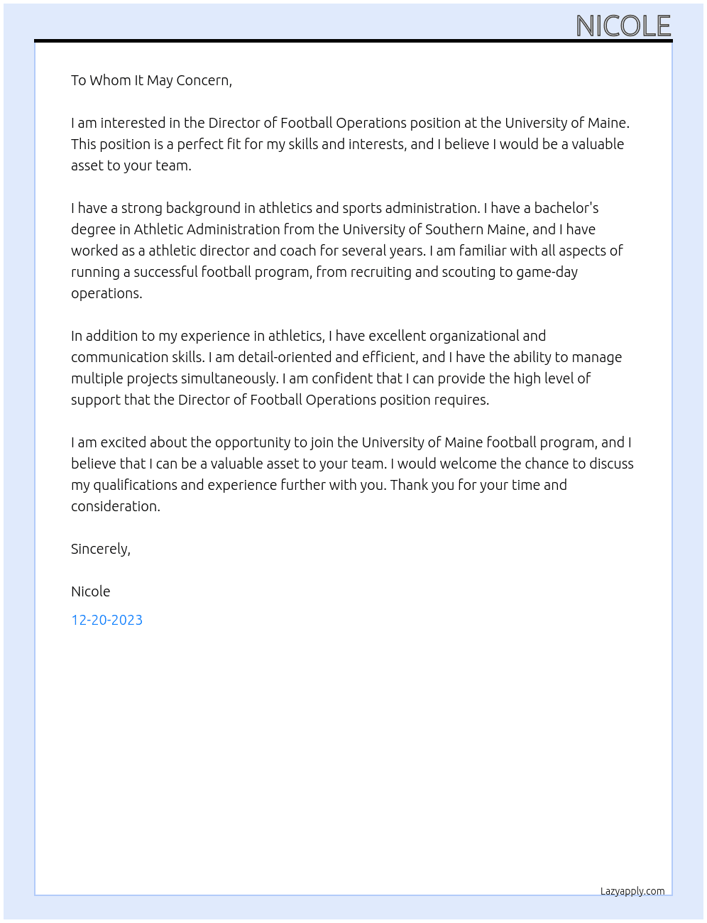 Director of Football Operations At University of Maine Cover Letter