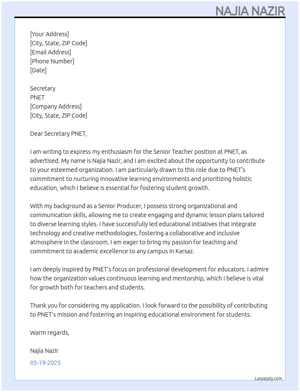 senior teacher At PNET Cover Letter