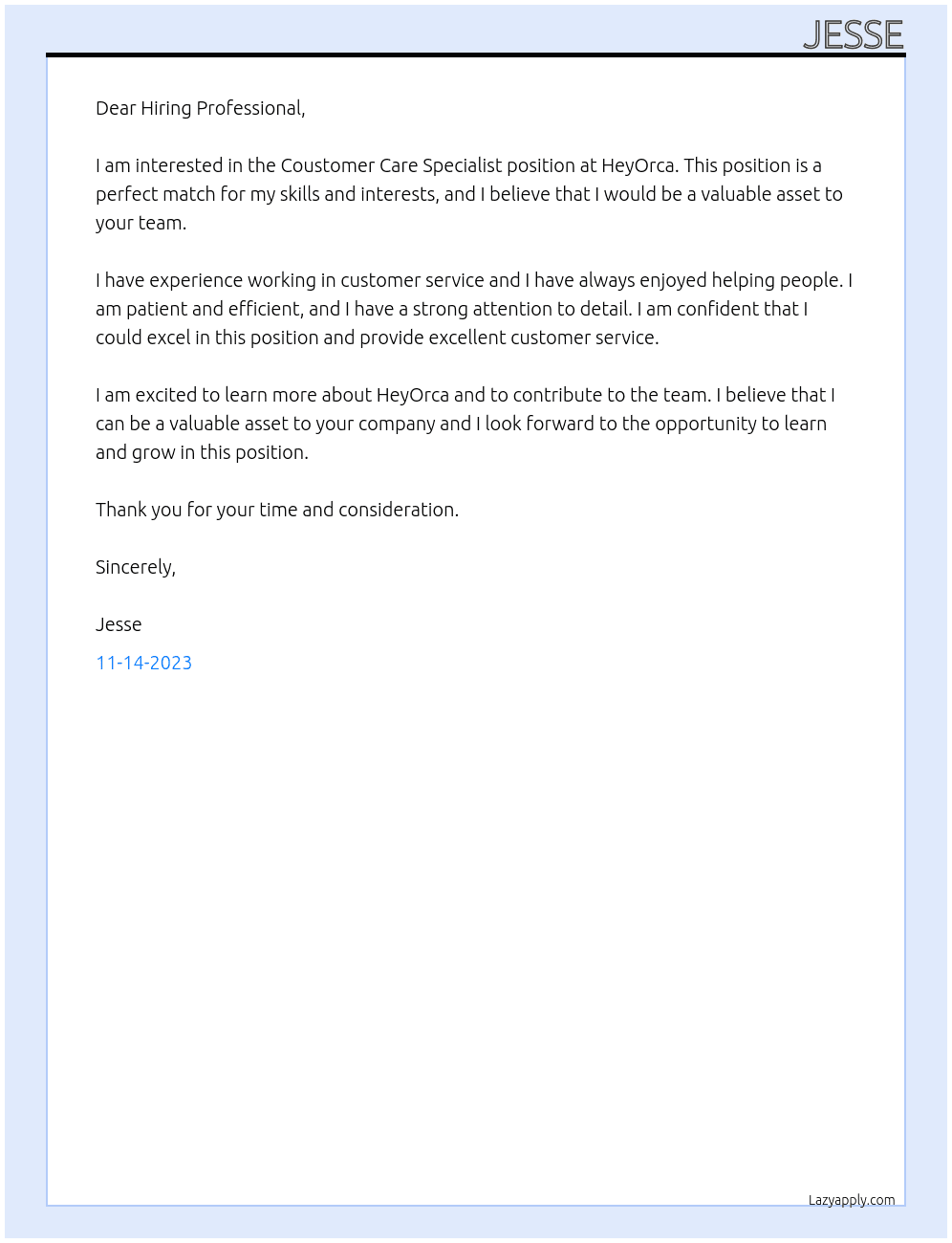 Coustmer Care Specialist  At HeyOrca Cover Letter