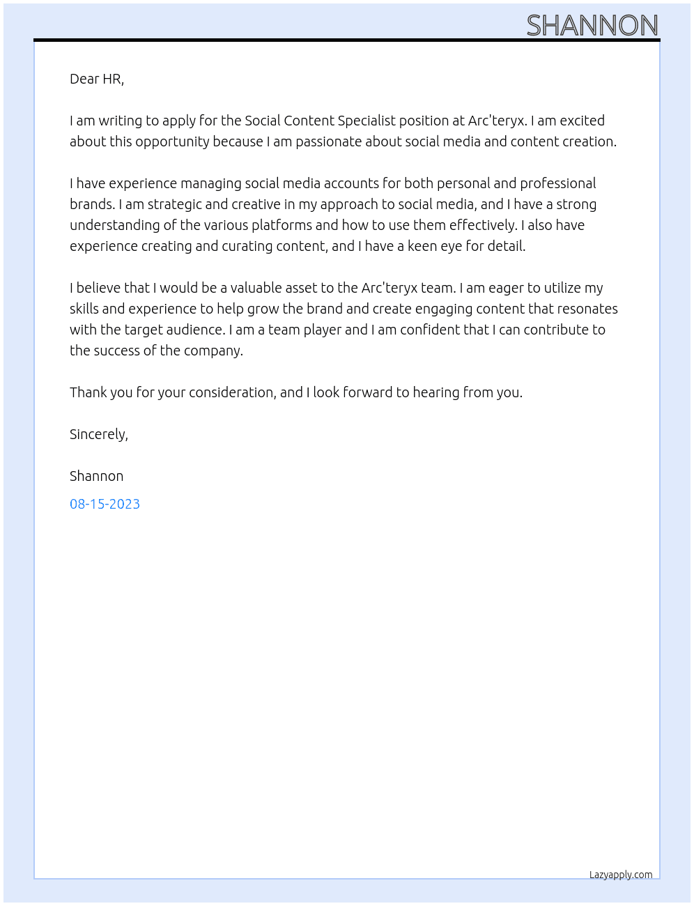 Social Content Specialist At Arc'teryx Cover Letter