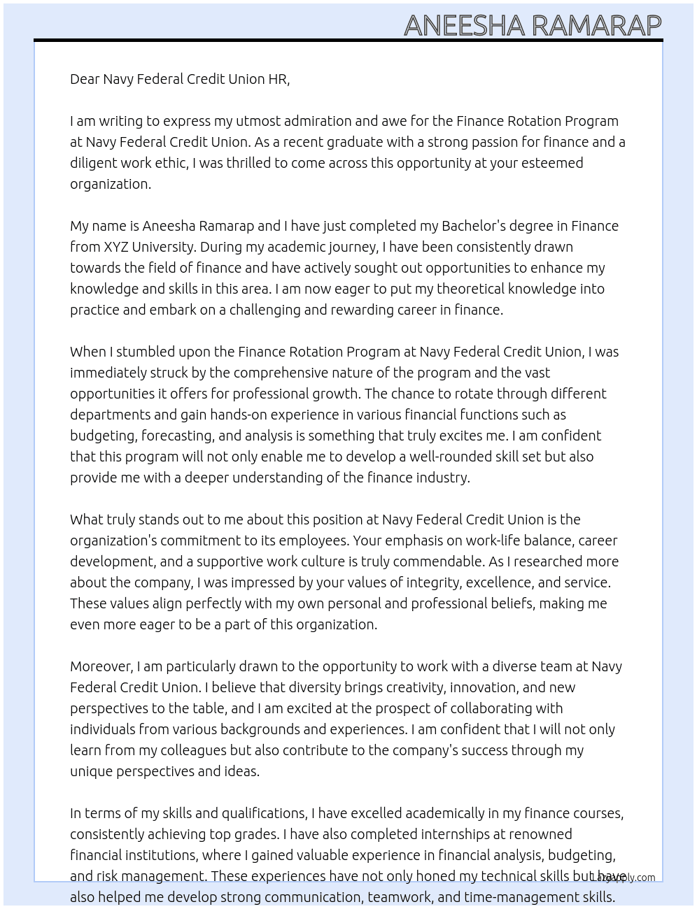 Finance Rotation Program At Navy Federal credit union Cover Letter