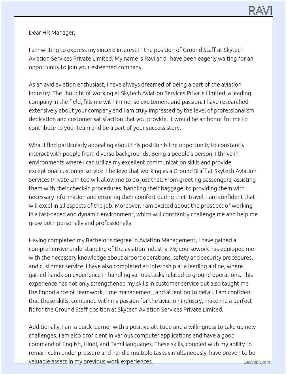 Ground staff At Skytech Aviation Services Private Limeted Cover Letter