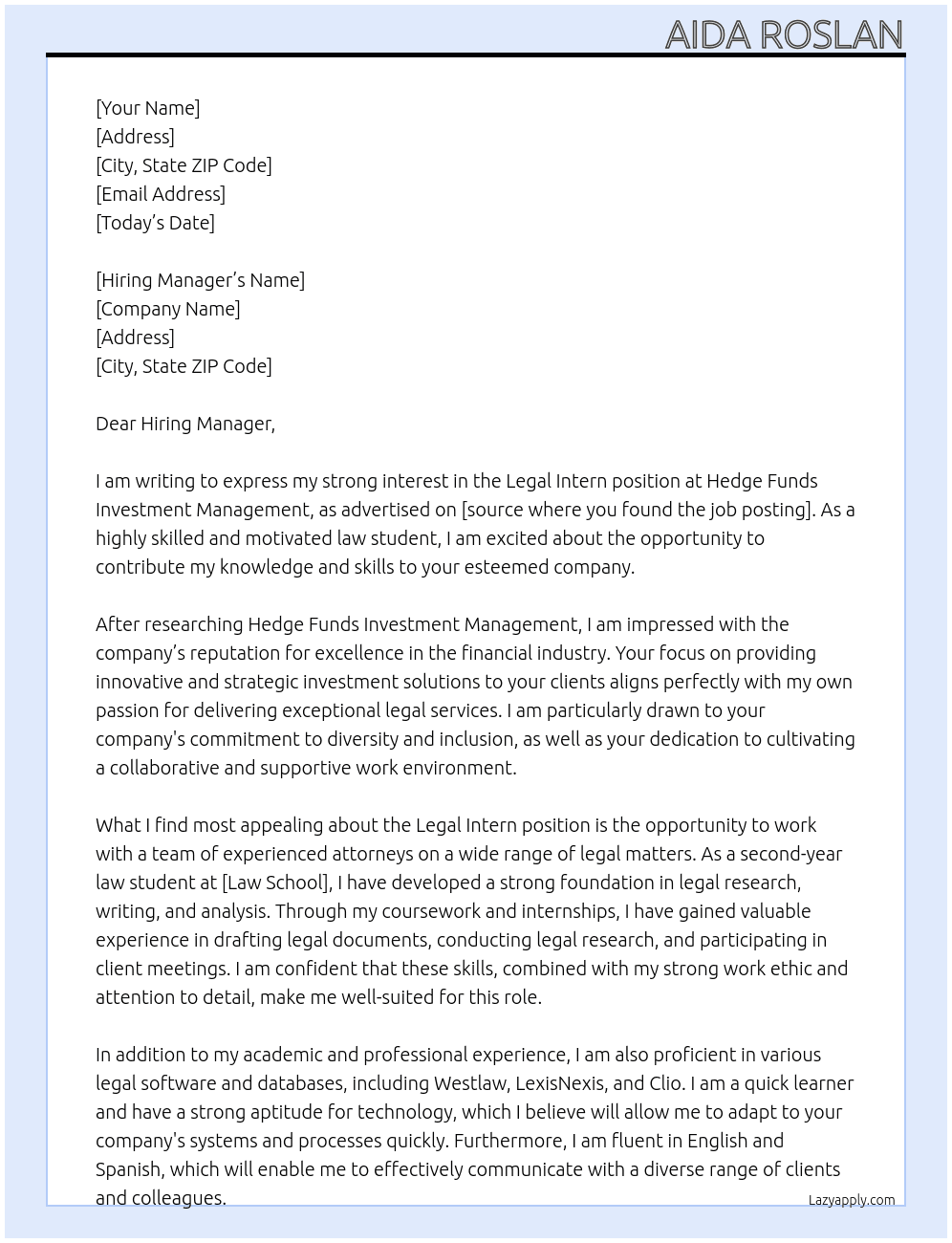 Legal Intern At Hedge Funds Investment Management Cover Letter
