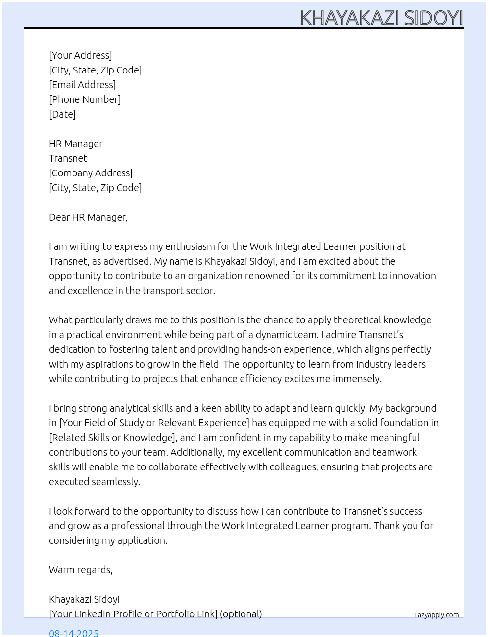 Cover letter for work intergrated learner - LazyApply