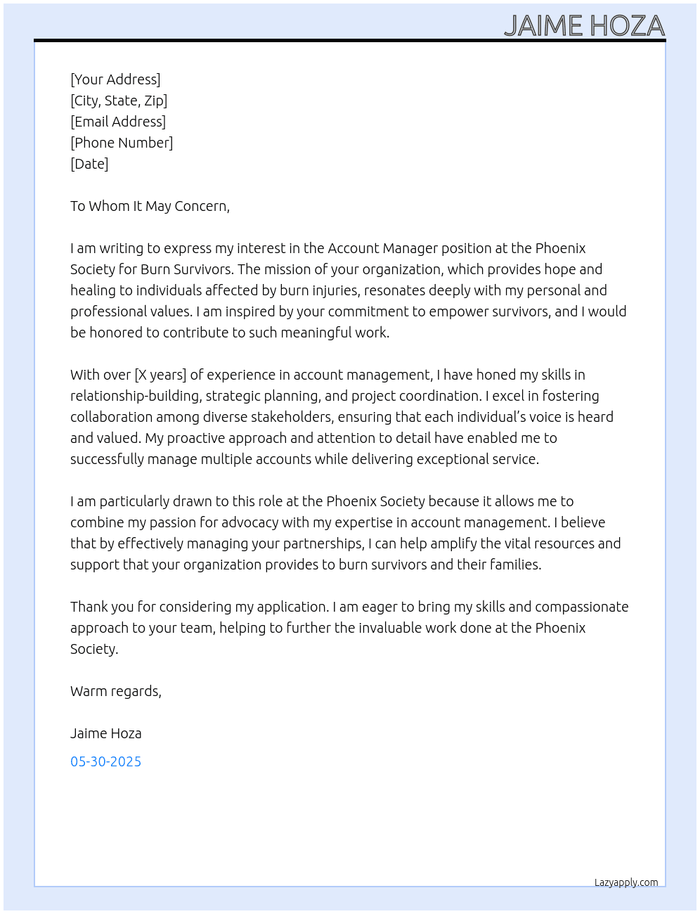 Account Manager At Phoenix Society for Burn Survivors Cover Letter