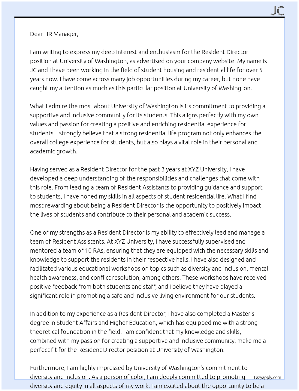 resident director At University of Washington Cover Letter