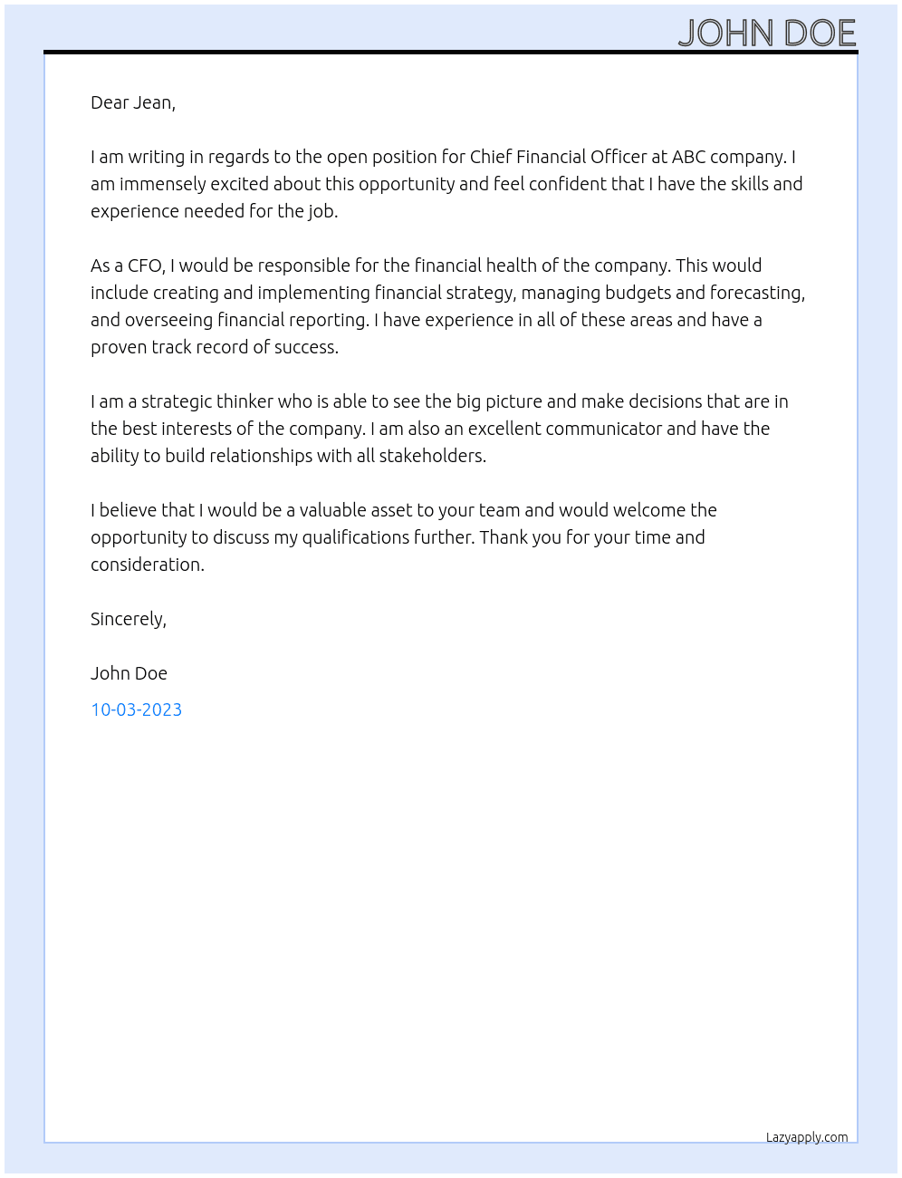 cfo At abc Cover Letter