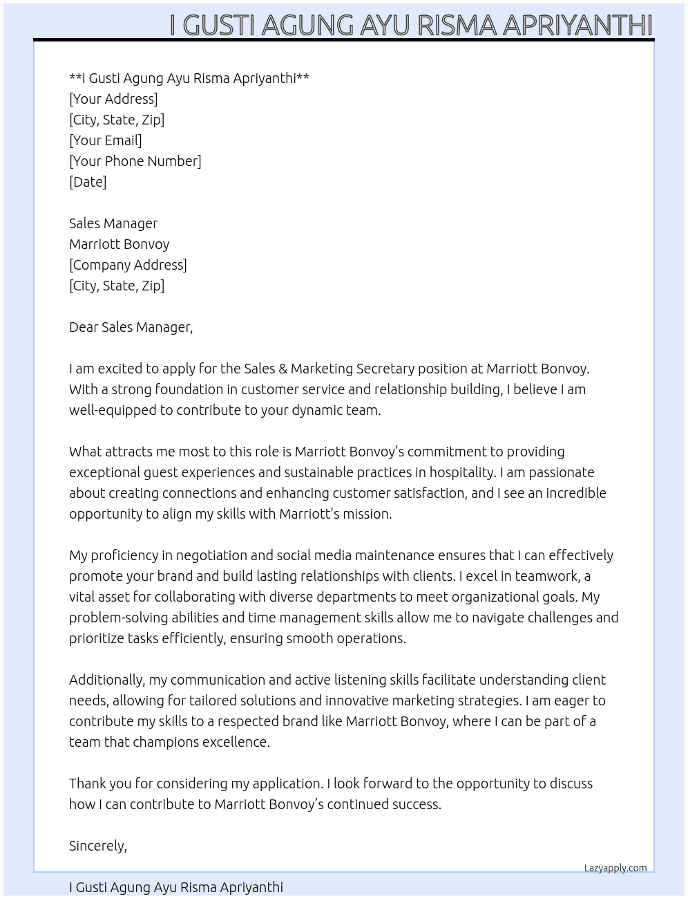  Sales & Marketing Secretary At Marriott Bonvoy Cover Letter