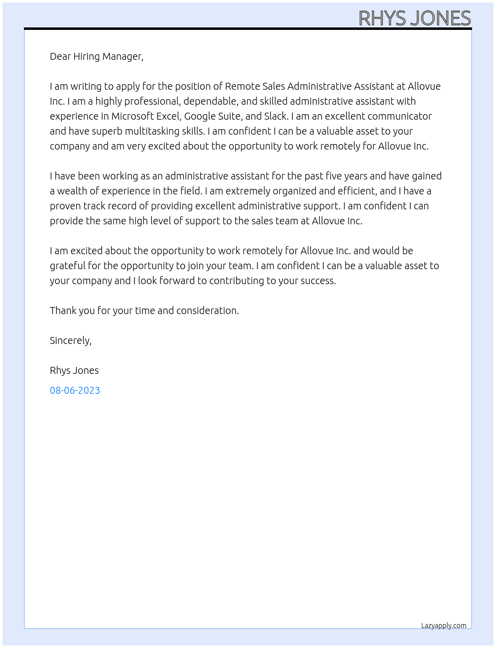Remote Sales Administrative Assistant At Allovue Inc. Cover Letter