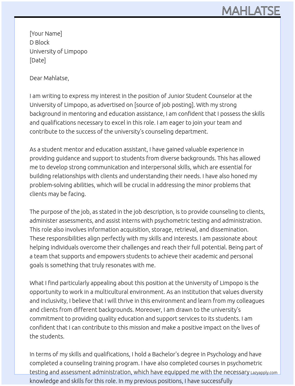 Junior Student counselor  At University of limpopo  Cover Letter