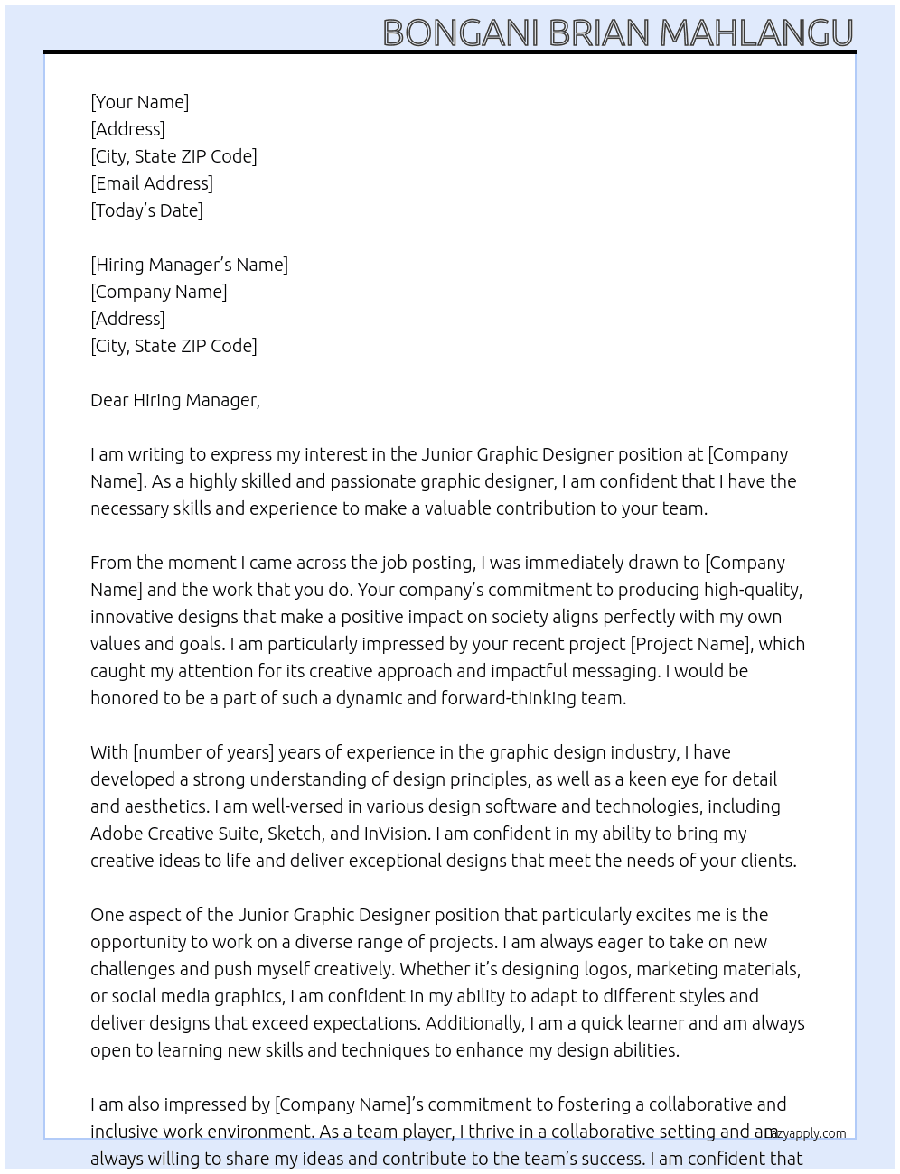 junior graphic designer At Company Cover Letter