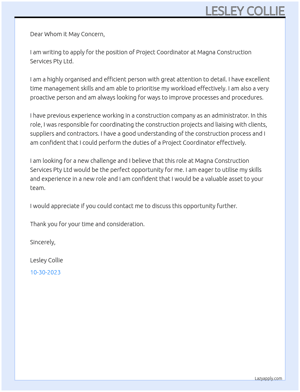 Project Coordinator At Magna Construction Services Pty Ltd Cover Letter