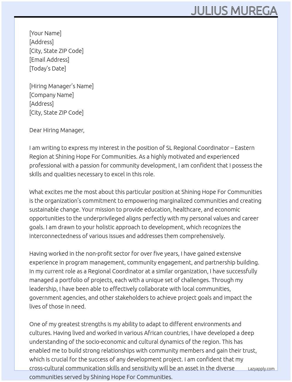 SL Regional Coordinator – Eastern Region At Shining Hope For Communities Cover Letter