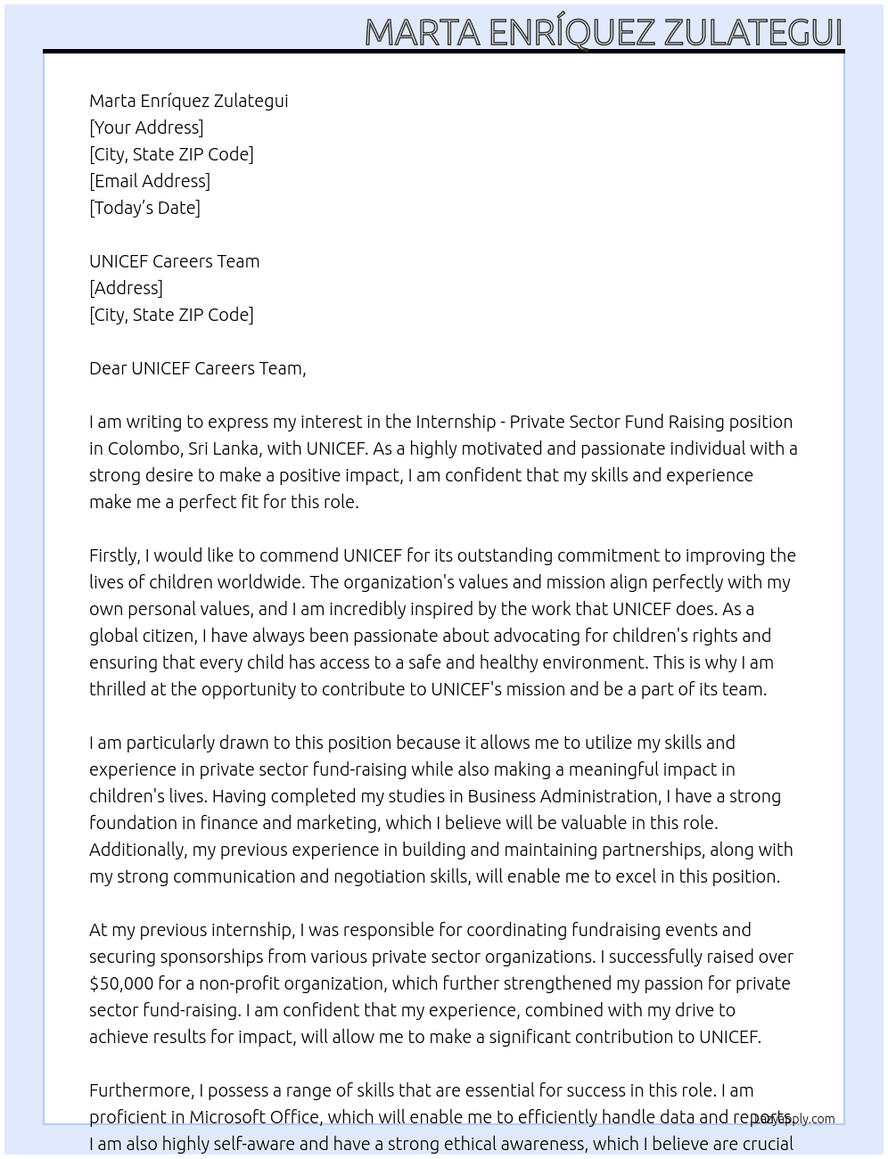 Cover letter for internship - private sector fund raising, colombo, sri lanka - LazyApply
