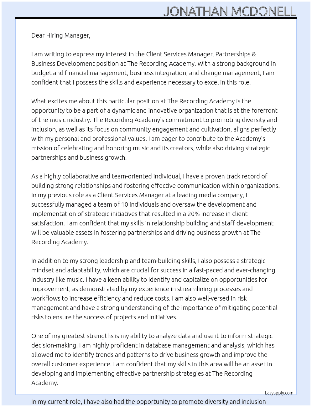 Client Services Manager, Partnerships & Business Development At The Recording Academy Cover Letter